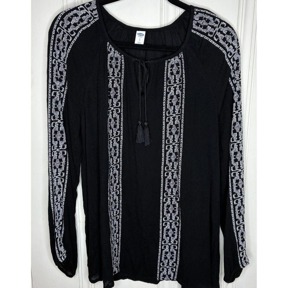 Old Navy embroidered peasant top black white long sleeve boho casual tassel Sz S